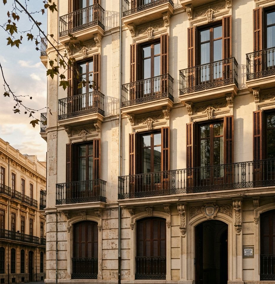 Fachada de un edificio clásico rehabilitado en Valencia
