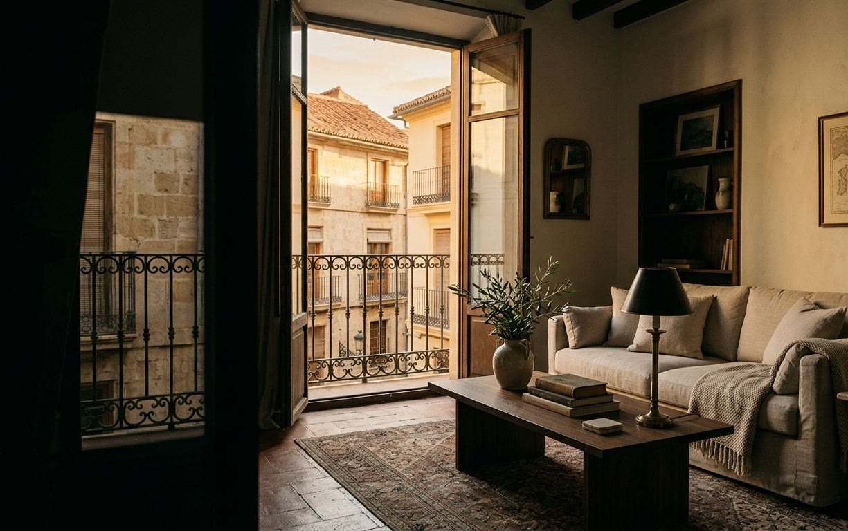 Salón de una vivienda en Valencia con balcón a la calle, al atardecer